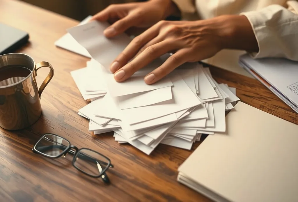 A pile of paper bills on an office desk beside a cup of tea and reading glasses