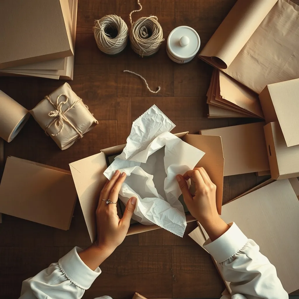 Hands folding tissue paper into a kraft box on a table with twine and rolls of paper
