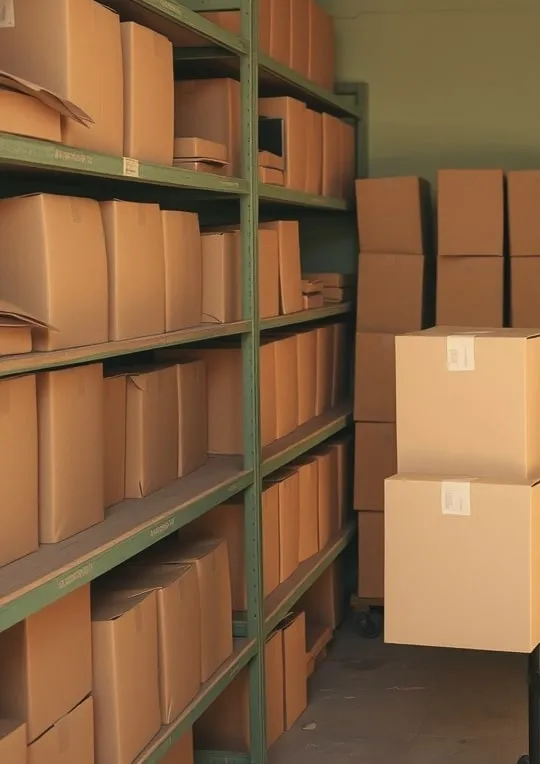 Brown cartons stacked on green metal shelves in a storeroom